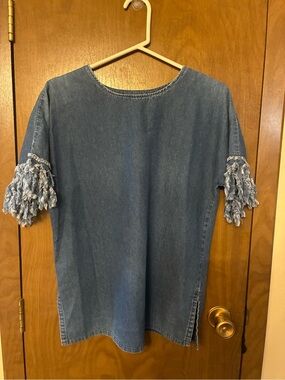 Alfredo’s wife Denim Fringe Short Sleeve Top - Blue